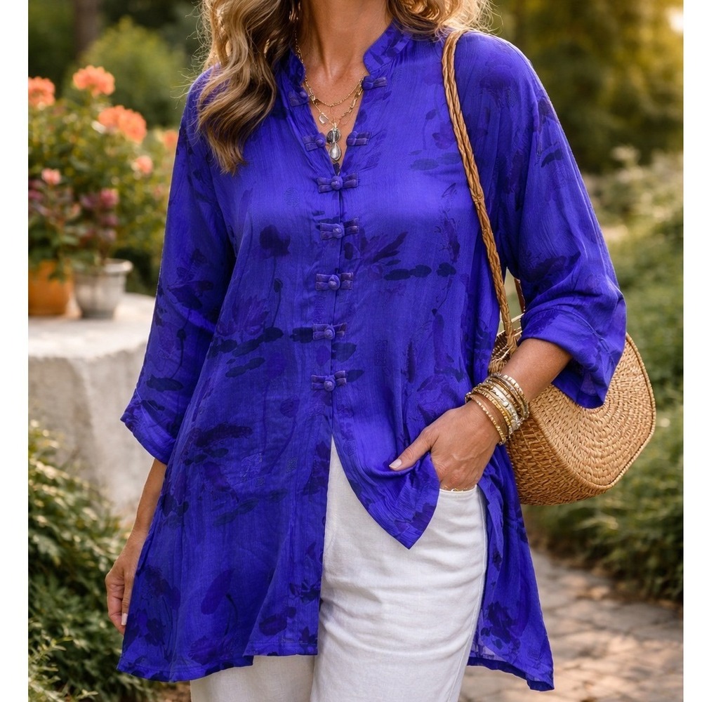Blue Rayon Koi Lotus Frog Knot‎ Mandarin Collar Top 2X Art to Wear Asian Coastal
